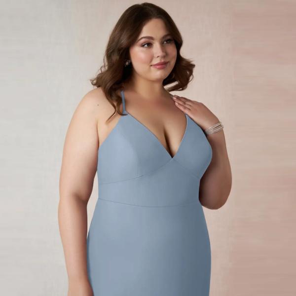 Factory Customized Chiffon Dusty Blue Floor-Length Bridesmaid Dress V-Neck Spaghetti Straps Sheath Front Split Slit