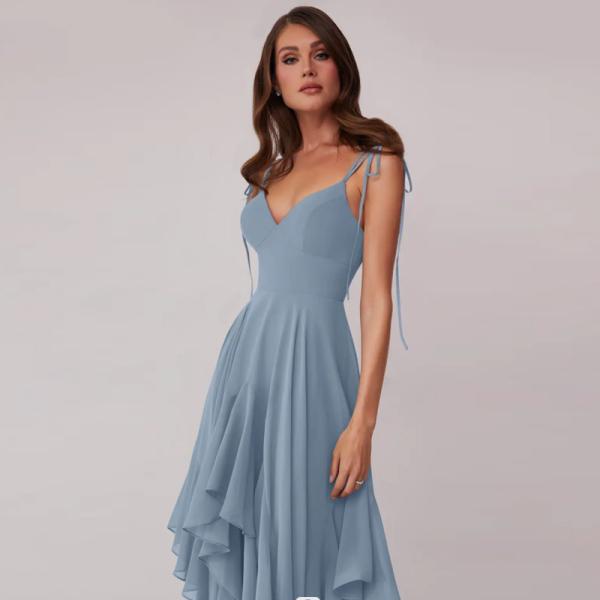 New Style V-neck Dusty Blue Chiffon Tiered A-line Bridesmaid Dress Zipper Ruffles Floor-Length Spaghetti Straps