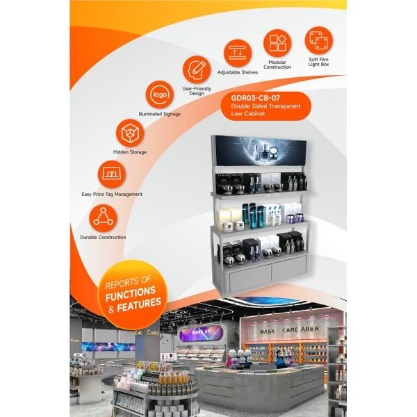 GDR03-CB-07 Double Sided Transparent Low Cabinet With 80mm Soft Film Light Box And LED Strip Lights For Fashion Boutiques