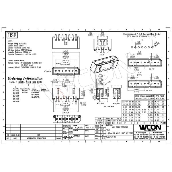 Straight Single Row Connector Board to Board 1.25mm Male Tin Plated Over Nickel