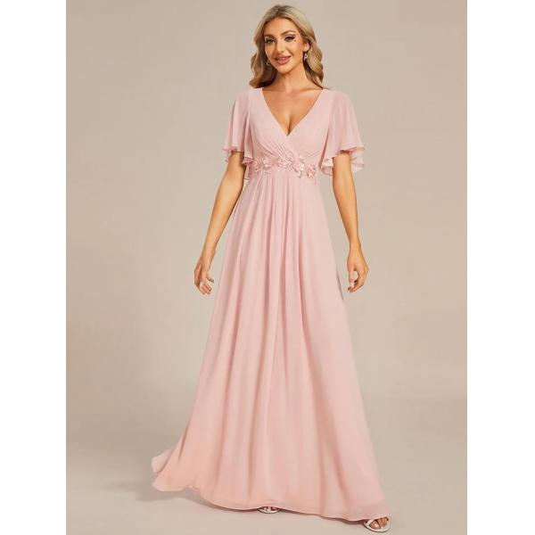 Sexy Empire Applique A-line Short Flutter Sleeves V-neck Invisible Zipper Pink Chiffon Homecoming Dress