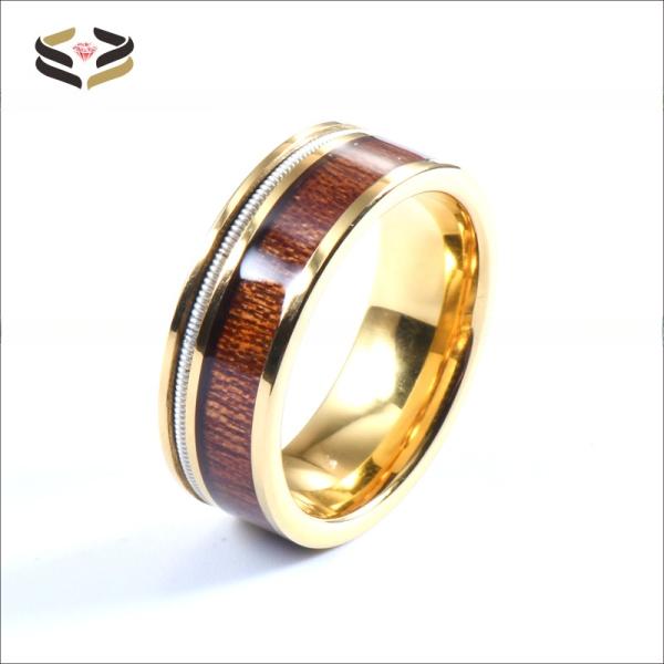 Men Flat Gold Tungsten Carbide Ring Koa Wood And Guitar String Inlayed 8mm For Party
