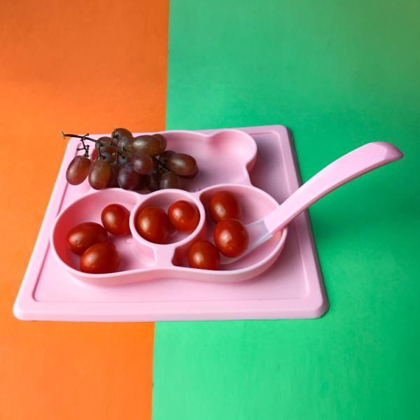 Silicone Customized Bear Shape Baby Feeding Suction Bowl And Plate With Spoon