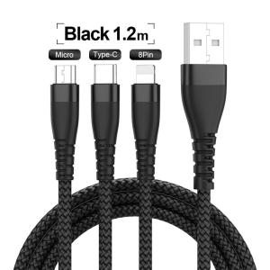 3 In 1 Nylon Braided USB Cable Flexible Phone Charging 3A 1.2M For Iphone