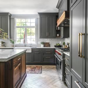 Lacquer Dark Grey Shaker Kitchen Cabinets With White Countertops