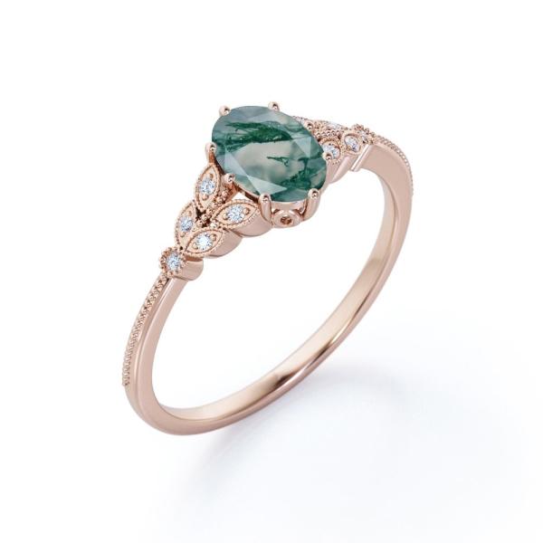 Buy Marquise-shape Filigree Milgrain Ovate Natural Druzy Moss Green Agate And Moissanite Cluster 6 Prong Engagement Ring at wholesale prices
