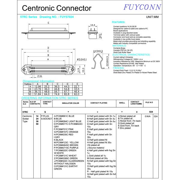 DDK 14 Pin Centronic Solder Female Connector With Bail Clip Certified UL