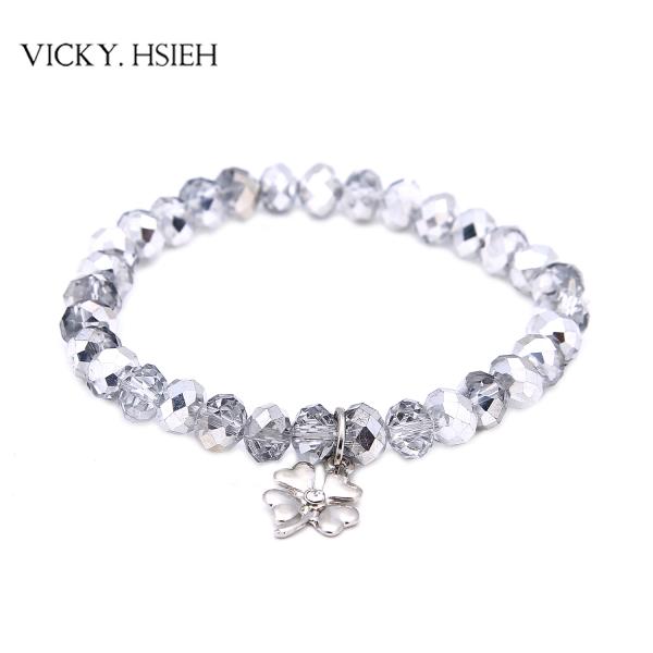 Buy VICKY.HSIEH Best Basic Half Silver Coated Glass Crystal Beads Stretch Bracelet with Clover Charm at wholesale prices