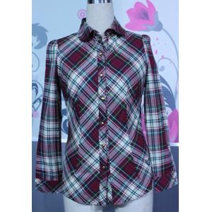 Gingham Stand Collar Blouse , Colorful Womens Shirts Blouses / Shirts