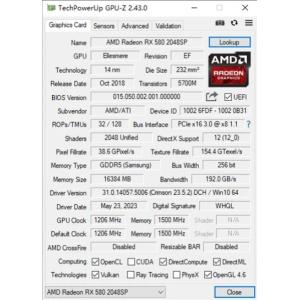 256Bit Memory Interface Radeon RX 580 16GB DDR5 Graphics Card with DP HD DVI