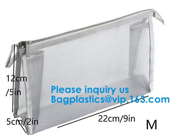 Travel Toiletry PouchCustom Small Portable White Mesh Zipper Cosmetic Bag With Leather Trim/Ladies Eco Makeup Hand Bag