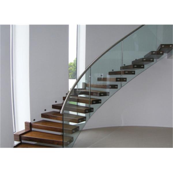 Rubber Wood Tread Curved Glass Staircase With Standoff Glass Railing