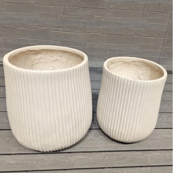 Contemporary Look Neutral Beige Repetitive Linear Texture Design Round Fiber Clay Planter