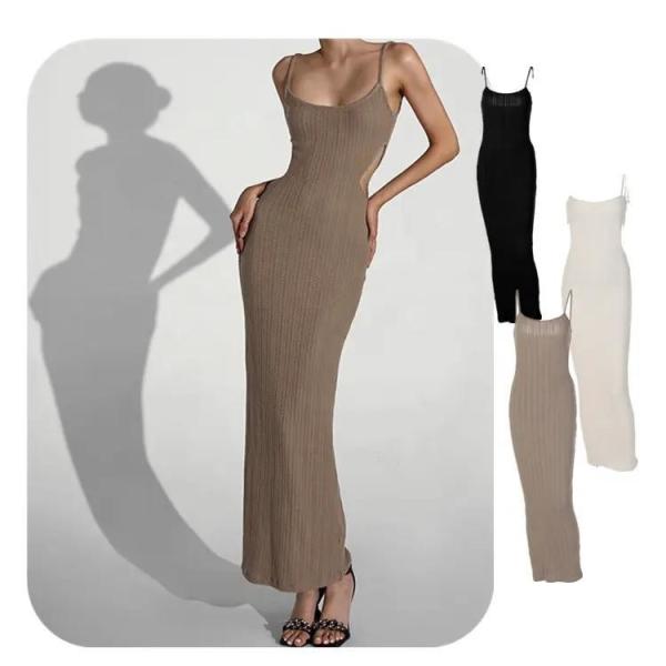 Buy Ribbed Backless Long Night Dress Slim Sexy Sleeveless Round Collar at wholesale prices