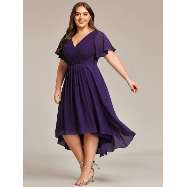 Chic V-neck High-low Short Flutter Sleeves A-line Ruffles Midi Invisible Zipper Dusty Blue Chiffon Guest Cocktail Dress