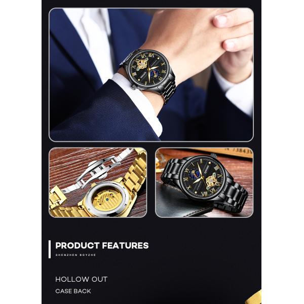 KINYUED luminous moon phase luxury black watch tourbillon automatic mechanical watch for men