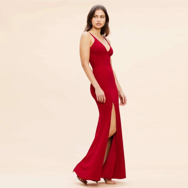 Factory Sexy Front Split Slit Long Red Evening Dress Empire Sleeveless Deep V-back Spaghetti Straps Mermaid