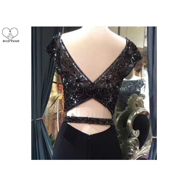 Black 2 Piece Mermaid Style Prom Dress Short Sleeve Invisible Zipper Fishtail