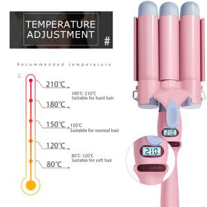 Pink PTC 3 Barrel Curling Iron Wand With LCD Temperature Dual Voltage Hair