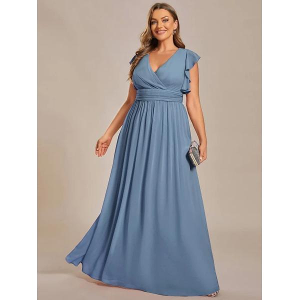 Empire Plus Size V-neck Open Back Ruffled A-line Cap Sleeves Dusty Navy Chiffon Evening Dress