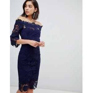 custom make off shoulder frill sleeve navy crochet dress