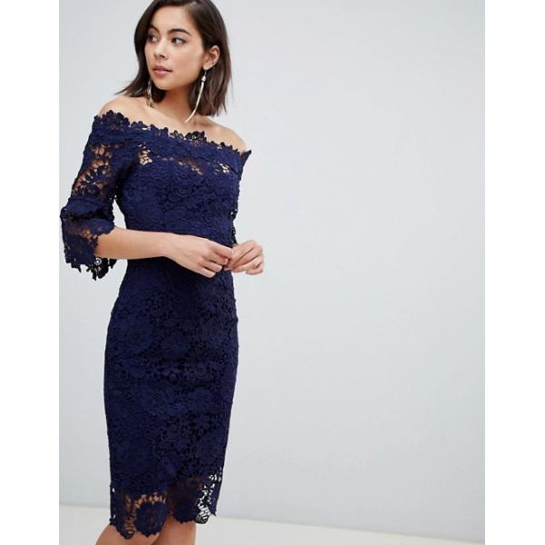 custom make off shoulder frill sleeve navy crochet dress