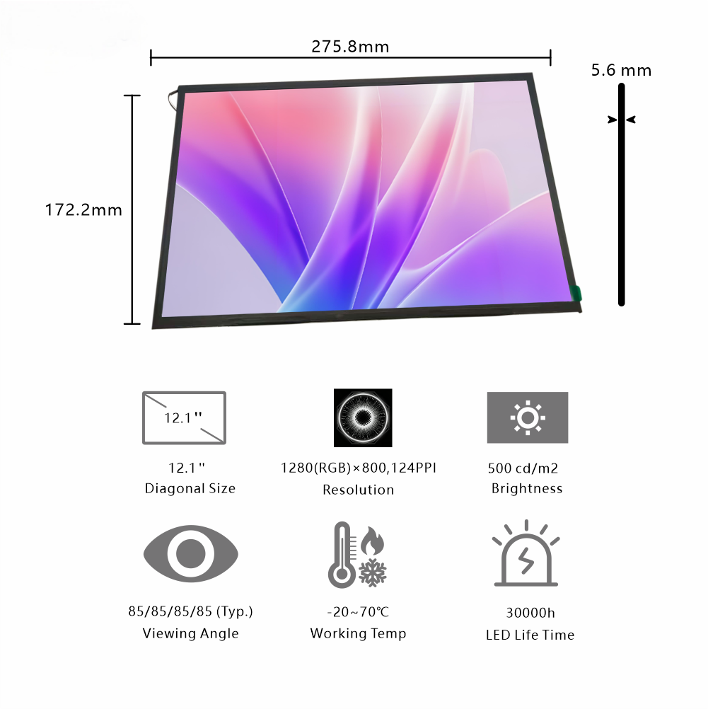 Quality 12.1-Inch Large Industrial Widescreen Display | 1280×800 Resolution, LVDS Interface, 500cd/m² Brightness for Workshop Monitoring &amp; Wide-View Control for sale