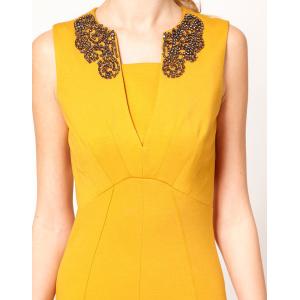Quality Yellow Slim Sleeveless Midi Evening Dresses , Beaded Bodycon Dress for sale