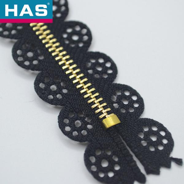 Buy #3 Custom Metal Zipper With Decorative Lace Hollow Design and Black Eyelet Tape at wholesale prices
