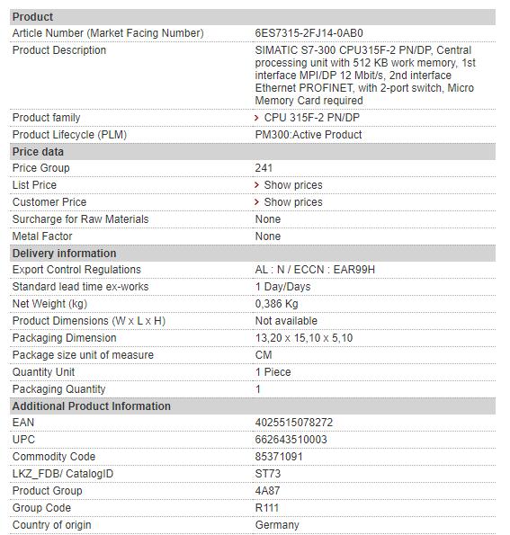 6ES7315-2FJ14-0AB0 6ES7 315-2FJ14-0AB0 Siemens Central Processing Unit With 512 KB Work Memory