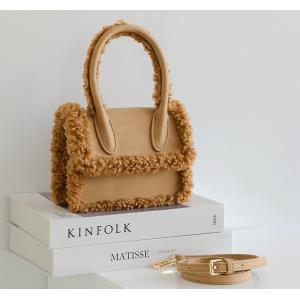 18cm Womens Leather Bag Lamb Wool Plush Brown Suede Handbag