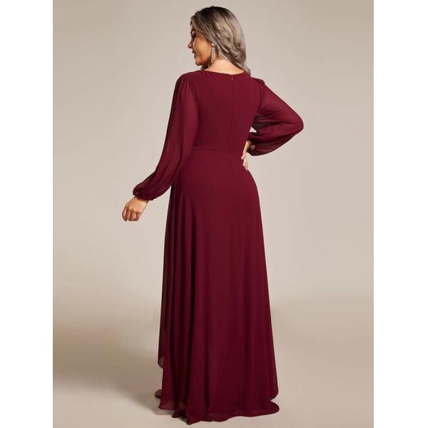 V-neck Plus Size Enchanting Lotus Leaf Lantern Sleeve Pleated Empire High Waist A-line Burgundy Chiffon Evening Dress