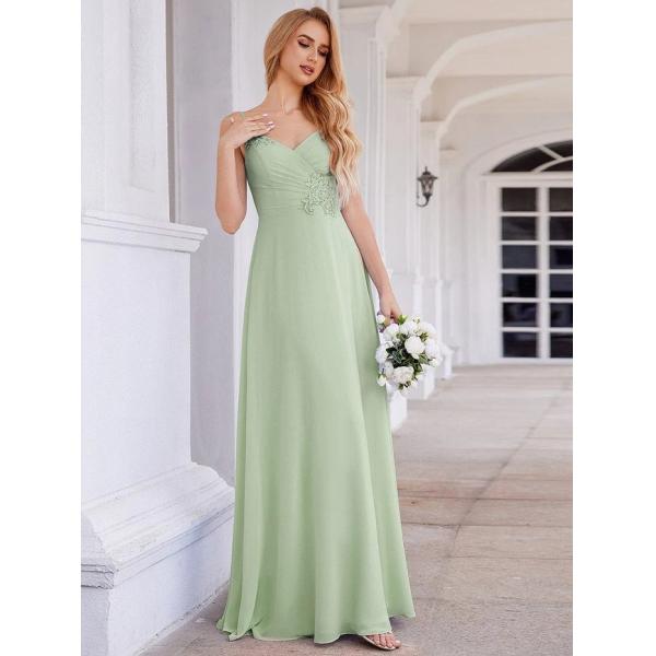 Chic V-neck Pleated Sleeveless Backless A-line Empire Spaghetti Strap Applique Waist Mint Green Chiffon Bridesmaid Dress