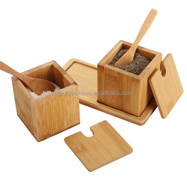 Direct from Complete Natural Bamboo Salt Spice Box 17x7.1x8.2cm with Lid Spoon and Tray
