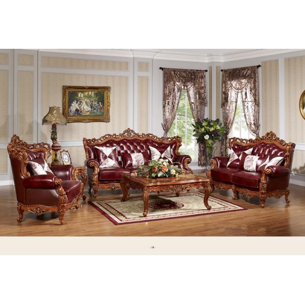 Luxury classic antique European style living room furniture solid wood leather sofa set