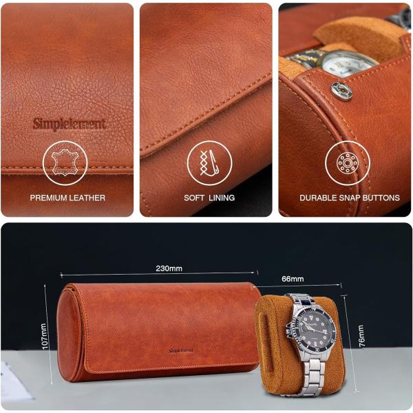 Watch Travel Case, Watch Roll for 3 Watches,Premium Faux Leather, Gift-box packaging【Brown】