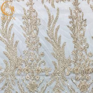 White Nigerian Wedding Dress Beaded Lace Fabric 91.44Cm Length