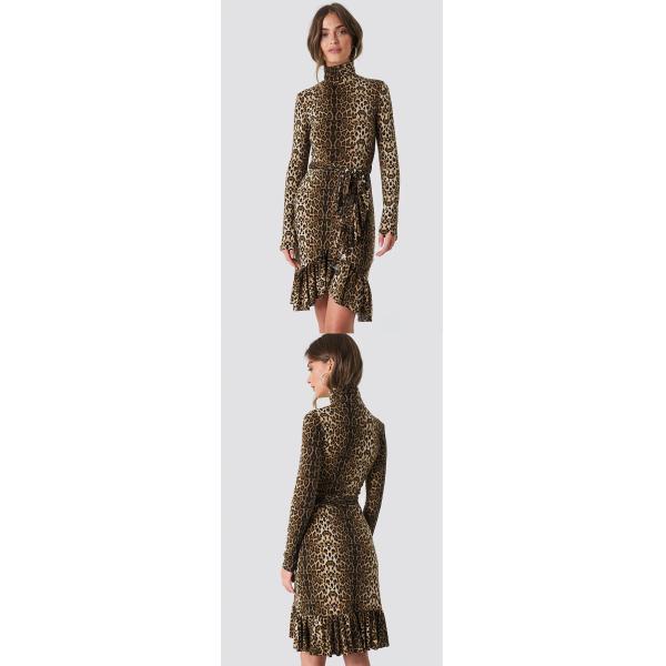 Autumn Fashion Women Long Sleeve And High Neck Leo Polo Dress Brown