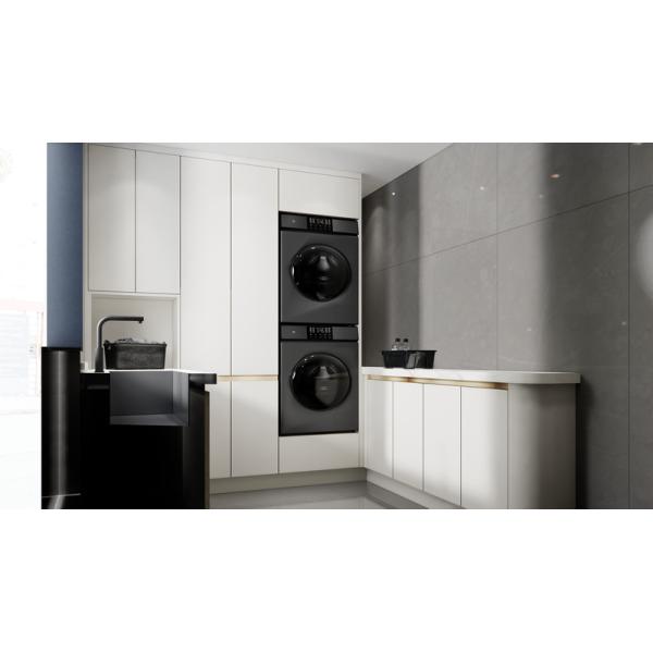 Modern Clean U-Shaped Custom Made Laundry Cabinets With White Paneling And Gold Accents