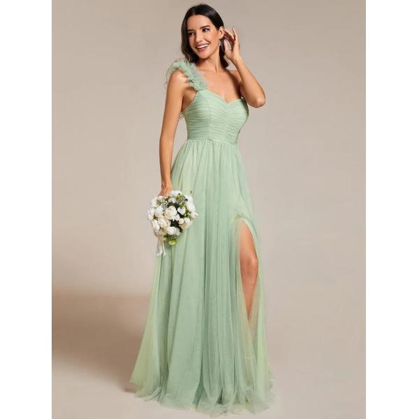 Exquisite One-shoulder Sweetheart Ruffled A-line Zipper Pleated High Slit Dark Green Tulle Party Dress