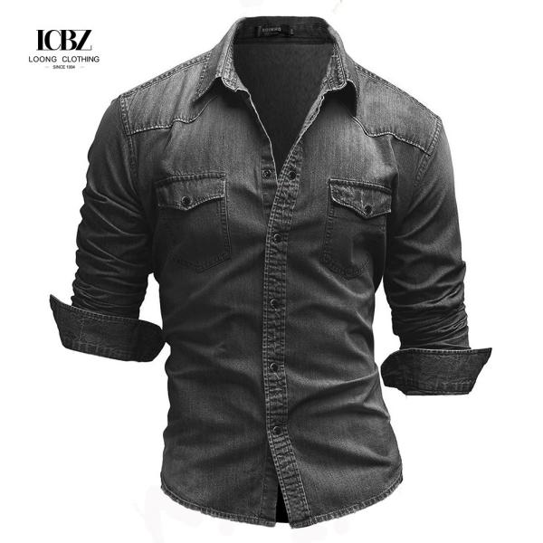Men's Woven Denim Dress Shirts European Size Long Sleeve High Collar Cotton