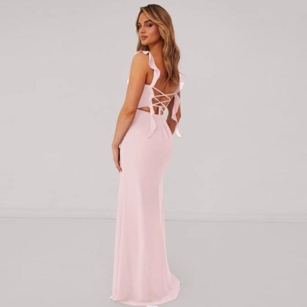Perfect Chiffon Long Mermaid Bridesmaid Dress Sweetheart Floor-Length Ruffles Front Split Slit Spaghetti Straps Backless