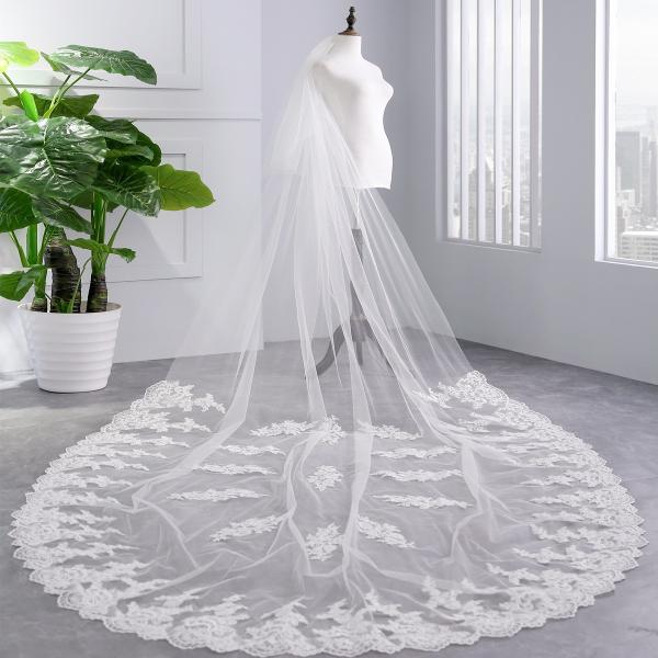 Elegant Customized Two Layers Appliqued Lace 3.5m Tulle Bridal Wedding White Veil With Hair Comb