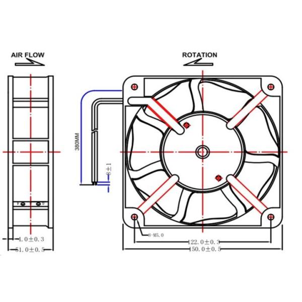High Air Flow AC Brushless Fan / High Speed AC Motor Fan 150 × 150 × 51mm