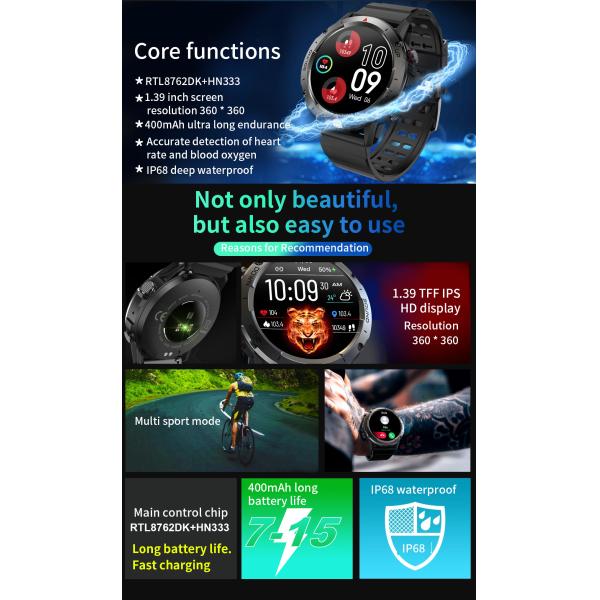 New NX9 Defense Sports Bluetooth Call Smart Watch 1.39 Round Screen Ultra Long Standby