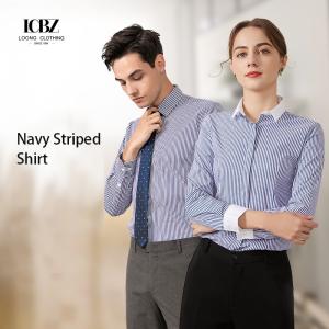 Work Office Formal Navy 100% Cotton Strip Button Down Shirts Custom Contrast