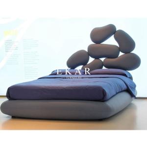 Wooden Frame Unique Shaped Upholstered Headboard Latest Double Bed Design
