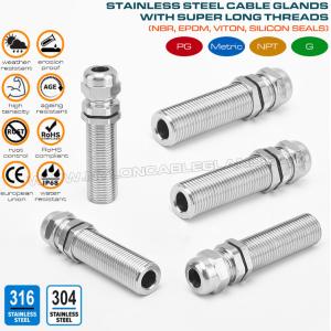 Long Thread Cable Glands IP68, Stainless Steel EN 1.4404/1.4401/1.4301, Metric