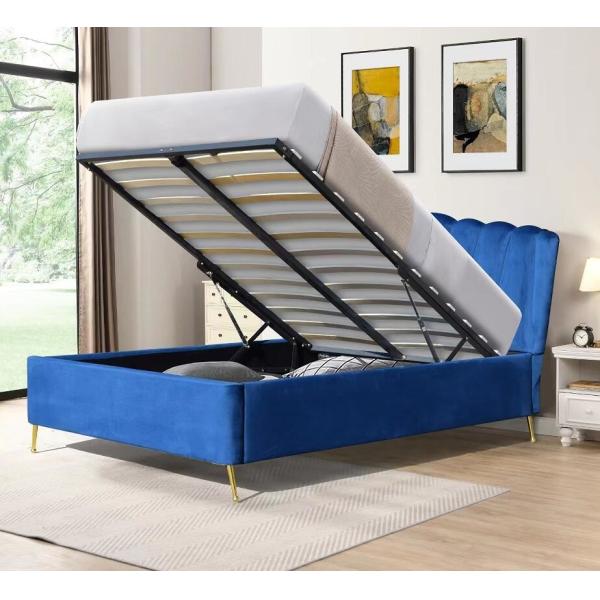 Blue Velvet Fabric Ottoman Gas Lift Storage Bed With Four Golden Feet