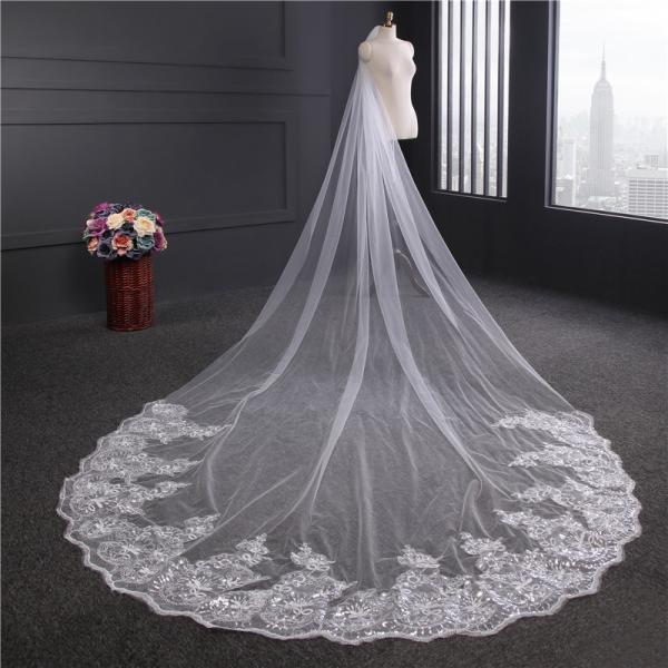 Beautiful Customized 3m*3m Wholesale Long Cathedral Appliqued Lace Tulle Bridal Wedding White Veil With Hair Comb